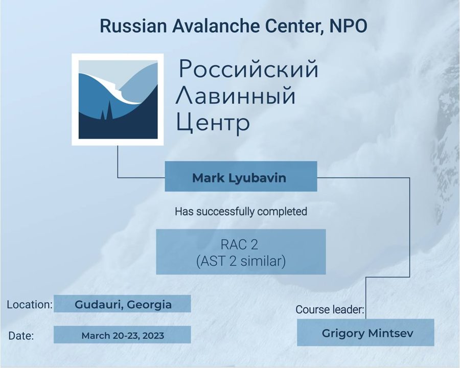 Сертификат Российского лавинного центра RAC 2